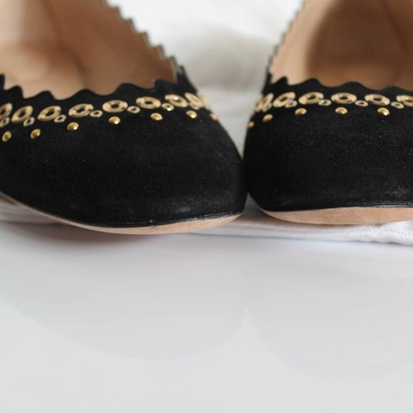 NWT Chloé Black Suede Scalloped Gold Studded Ballet Flat - Picture 14 of 16